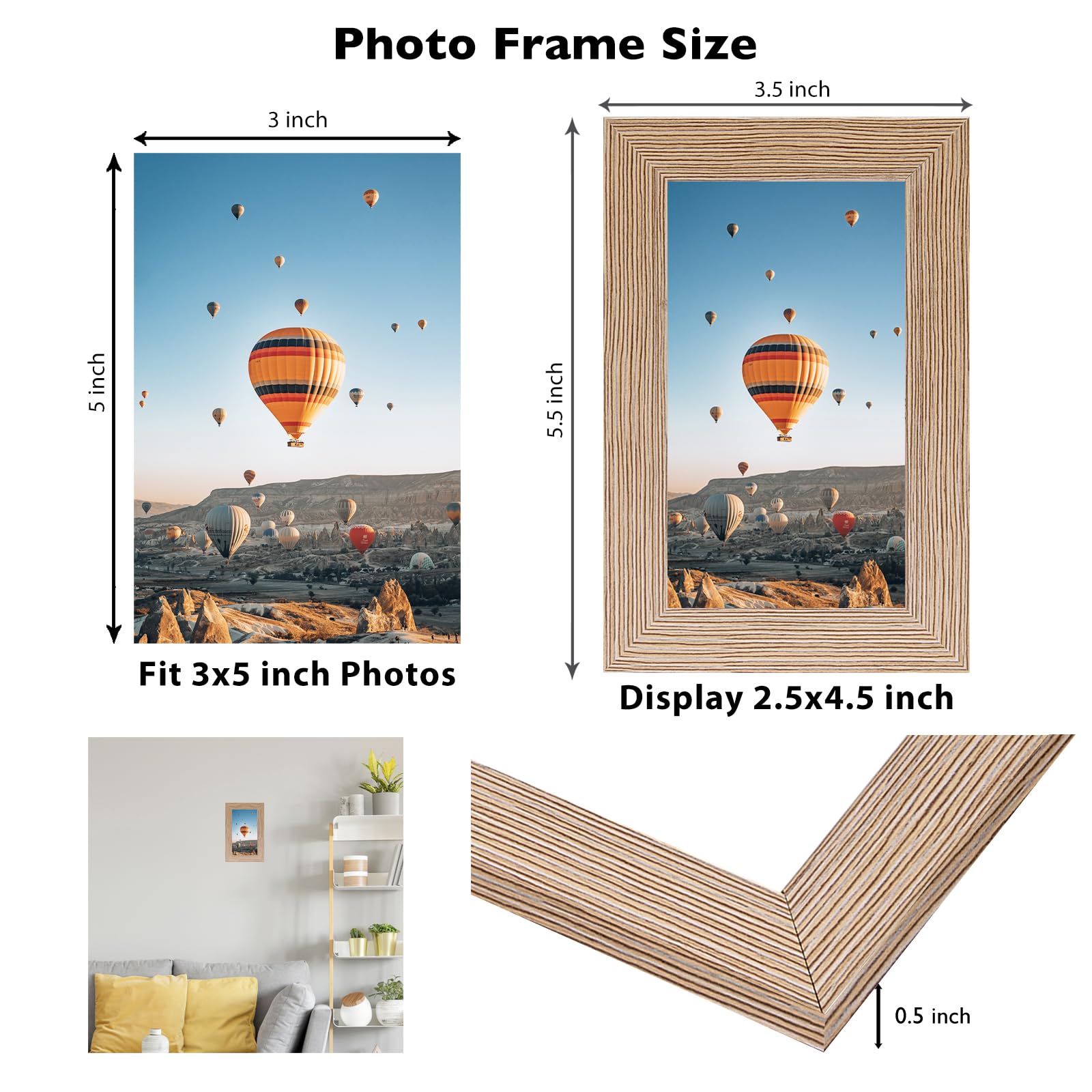 JCJMY 3x5 Picture Frame for Tabletop, 3 x 5 Photo Frame with Shatter Resistant Plexiglass, Sturdy 3 by 5 Poster Frame, Rustic Br